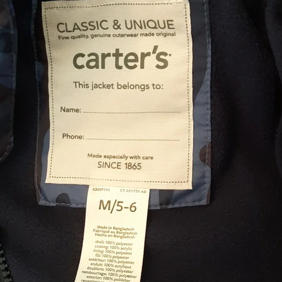Carter's NWT 5-6 Camouflage Hooded Puffer Jacket